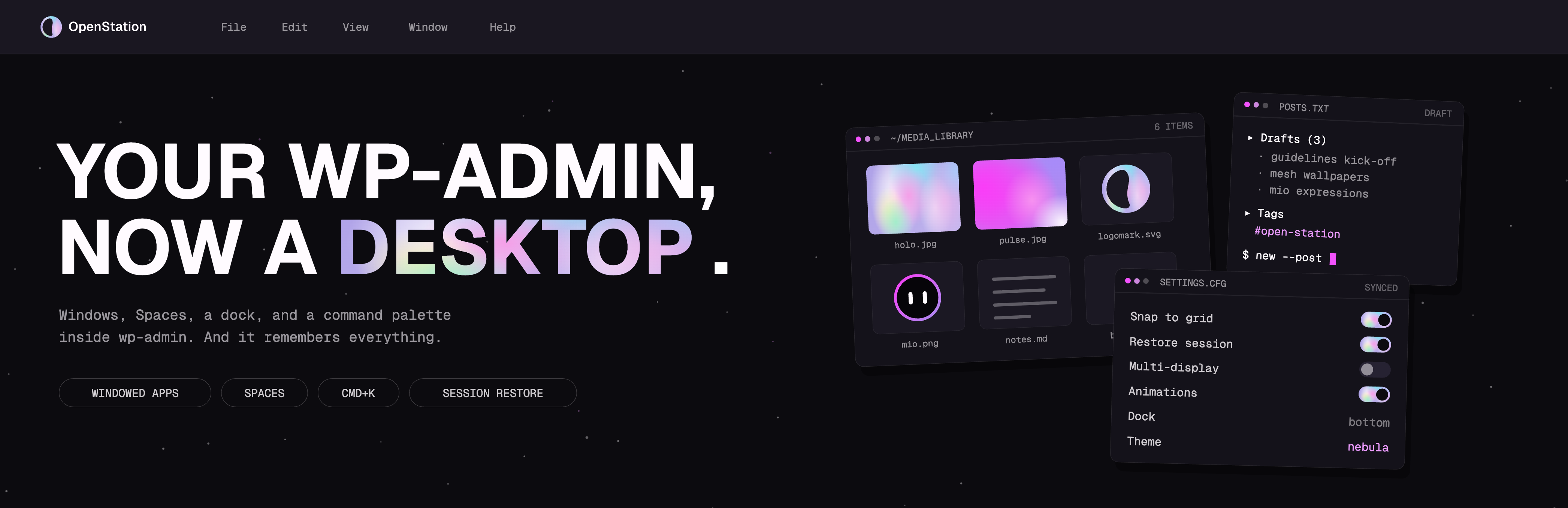 wordpress.org plugin banner: Your wp-admin, now a desktop, product windows over the Galaxy background