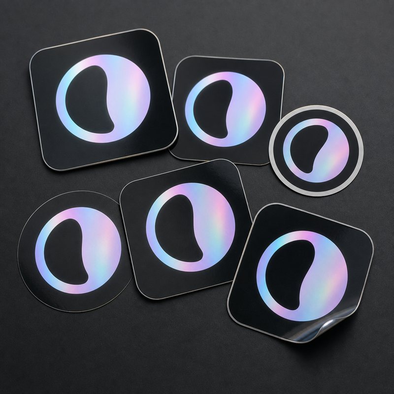 Holographic logomark stickers in rounded square and circle die cuts