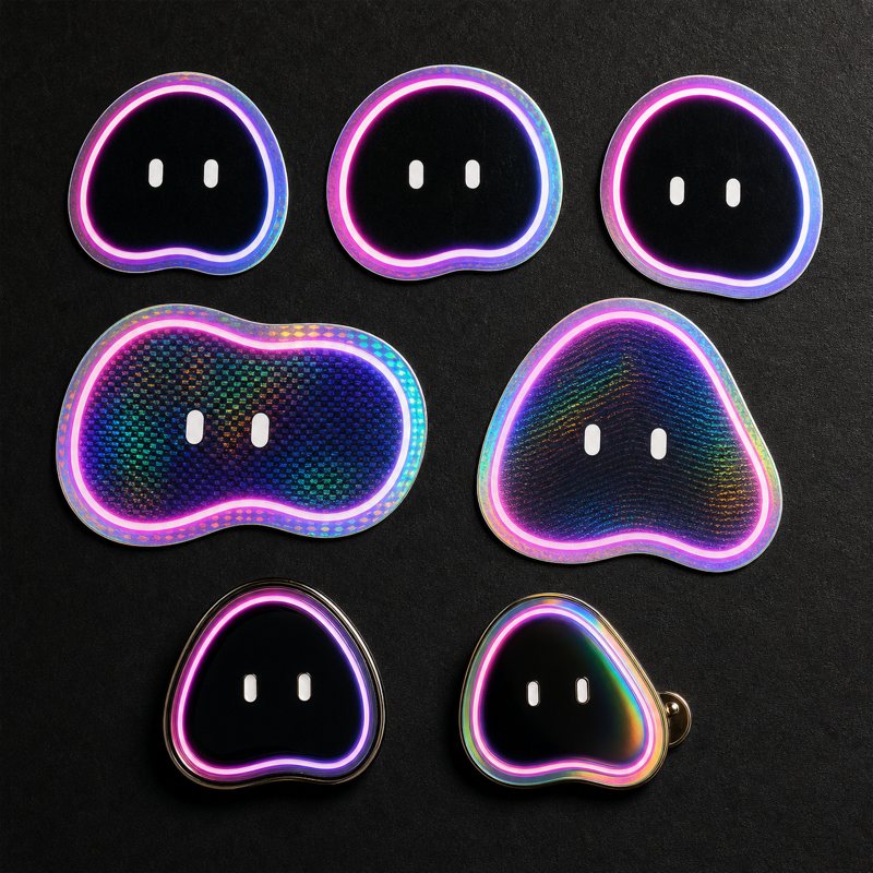 Mio stickers and enamel pins with neon holographic rims